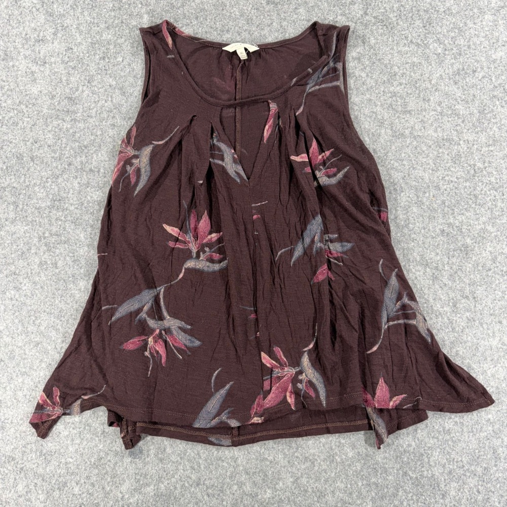 Lucky Brand Womens XS Burgundy Floral Pleated Keyhole Sleeveless Tank Top Slub - Picture 1 of 5